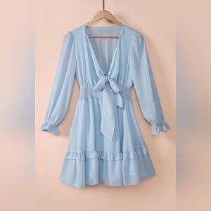 Elegant Full Size Light Blue Front Tie Women's Midi Dress